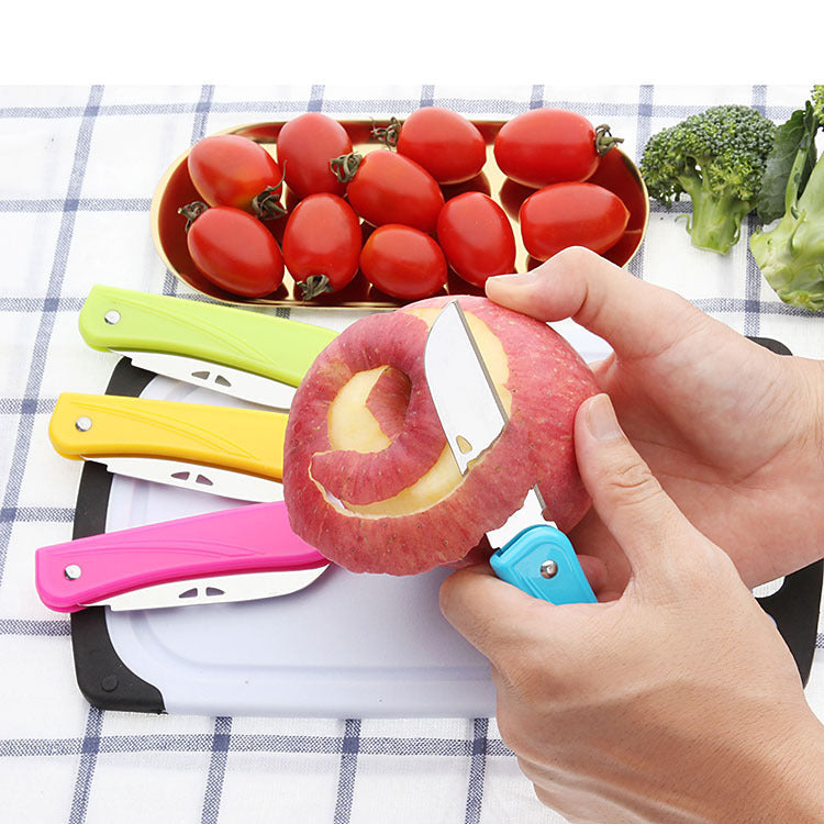 Two-dollar store candy color PP plastic handle folding fruit knife portable sharp stainless steel folding knife peeling knife