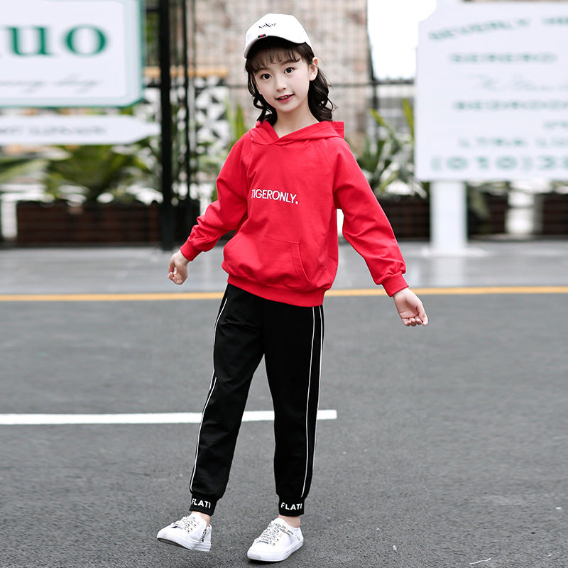 Girls suit 2024 new spring long-sleeved middle and large children's stylish hooded sweatshirt casual embroidered letter pullover