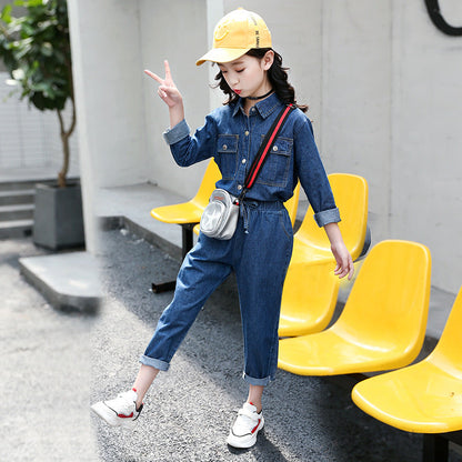 Girls denim suit 2024 new style shirt pants children's stylish casual wear medium and large children's two-piece suit