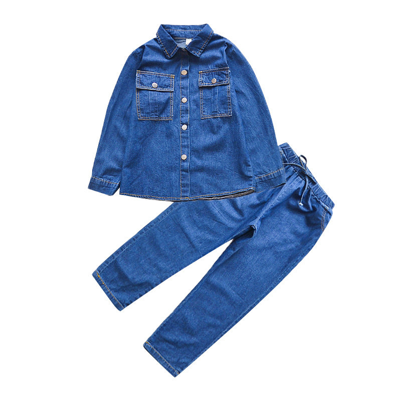 Girls denim suit 2024 new style shirt pants children's stylish casual wear medium and large children's two-piece suit