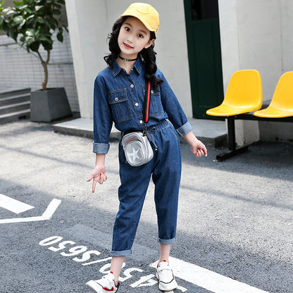 Girls denim suit 2024 new style shirt pants children's stylish casual wear medium and large children's two-piece suit