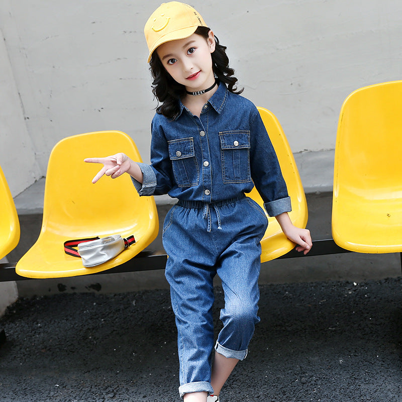 Girls denim suit 2024 new style shirt pants children's stylish casual wear medium and large children's two-piece suit