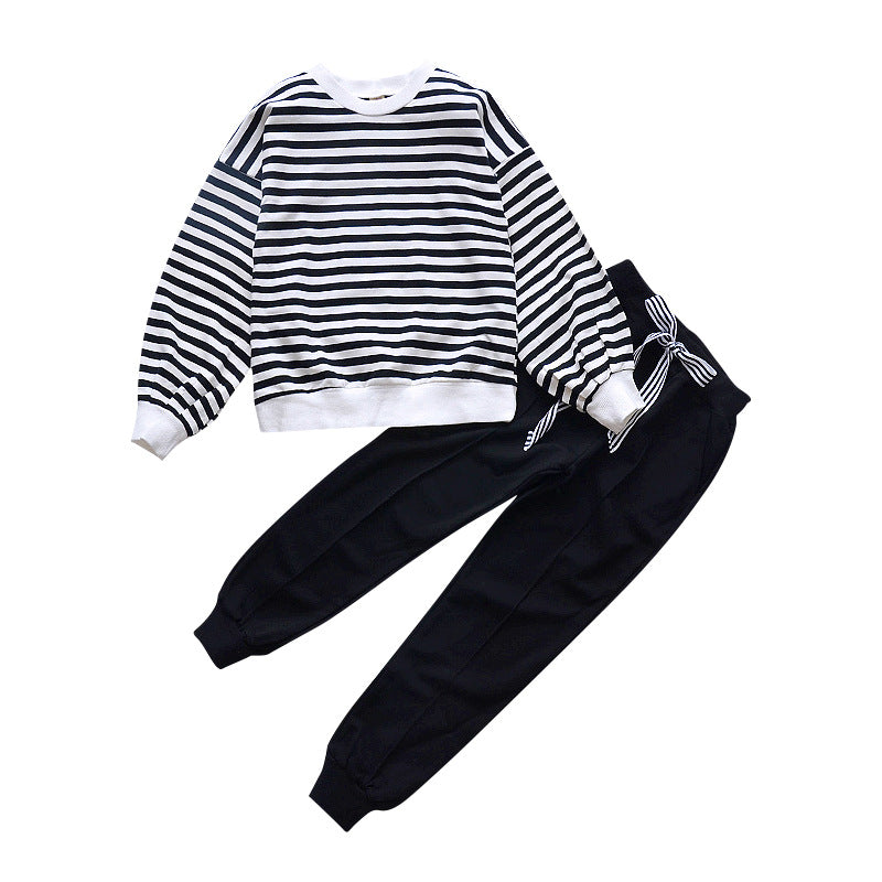 Girls suits 2024 new spring and autumn clothes for middle and large children, fashionable striped T-shirts, tops and trousers, casual two-piece suits