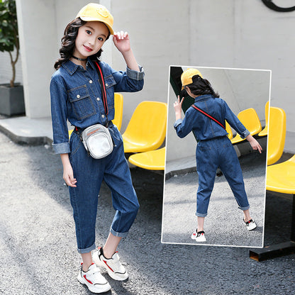 Girls denim suit 2024 new style shirt pants children's stylish casual wear medium and large children's two-piece suit