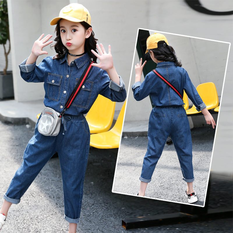 Girls denim suit 2024 new style shirt pants children's stylish casual wear medium and large children's two-piece suit