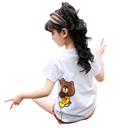 Girls short-sleeved T-shirt 2024 new summer clothes for children, middle and large children, fashionable T-shirt pullover knitted cotton sweater tops