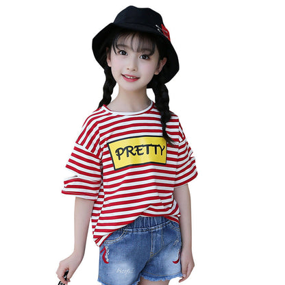 Girls short-sleeved T-shirt 2024 new summer clothes for children, middle and large children, fashionable T-shirt pullover knitted cotton sweater tops