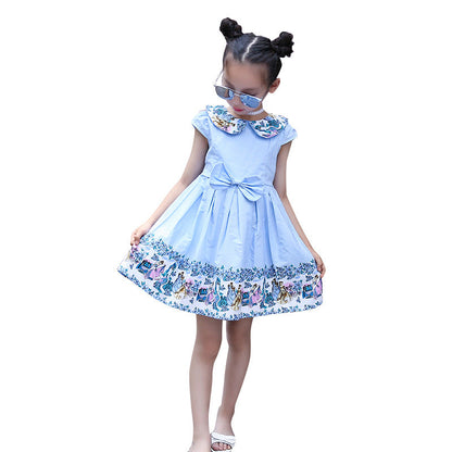 2024 New Summer Style Cartoon Doll Collar Cute Printed Lady Dress Medium and Large Children Cotton Short Sleeve Bowknot Dress