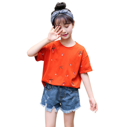 Girls short-sleeved T-shirt 2024 new summer clothes for children, middle and large children, fashionable T-shirt pullover knitted cotton sweater tops