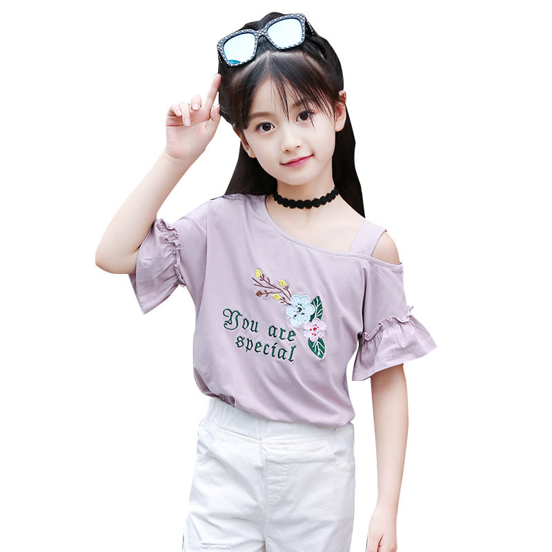 Girls short-sleeved T-shirt 2024 new summer tops for middle and large children's stylish children's T-shirt cotton half-sleeved off-shoulder shirt