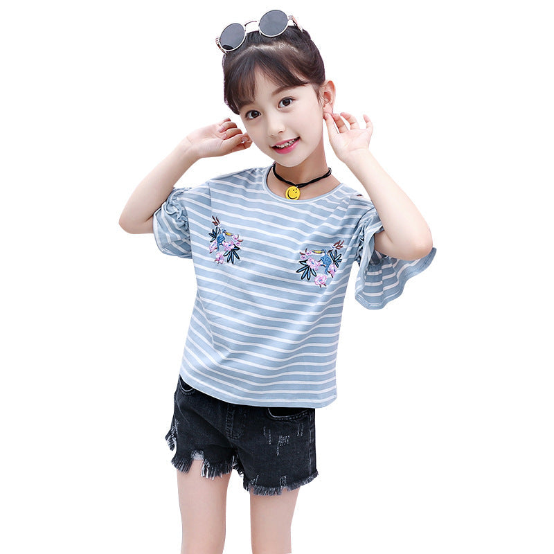 Girls short-sleeved T-shirt 2024 new summer clothes for children, middle and large children, fashionable T-shirt pullover knitted cotton sweater tops