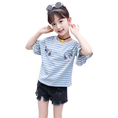 Girls short-sleeved T-shirt 2024 new summer clothes for children, middle and large children, fashionable T-shirt pullover knitted cotton sweater tops