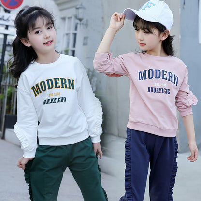 Girls long-sleeved suit 2024 spring middle and large children's fashion wood ear edge printed letters two-piece middle and large children's pullover