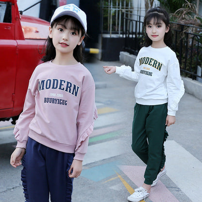 Girls long-sleeved suit 2024 spring middle and large children's fashion wood ear edge printed letters two-piece middle and large children's pullover