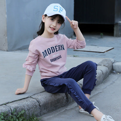 Girls long-sleeved suit 2024 spring middle and large children's fashion wood ear edge printed letters two-piece middle and large children's pullover