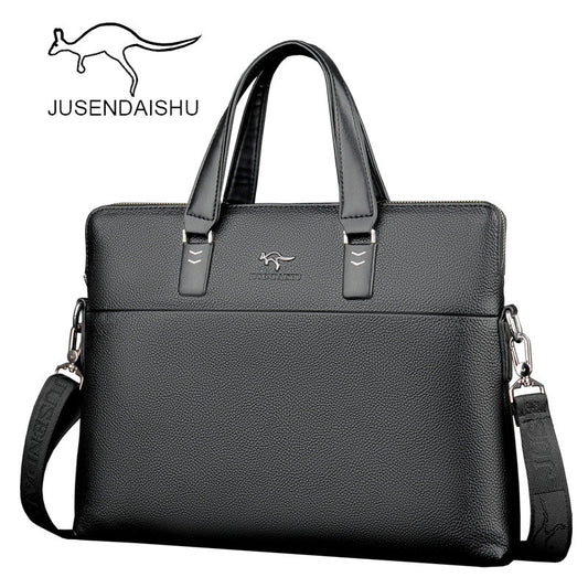 Jusen Kangaroo Men's Bag Handbag Horizontal Business Briefcase Leather Bag Shoulder Trendy Factory លក់ផ្ទាល់ 