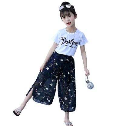 Girls wide-leg pants suit 2024 new summer clothes stylish children's chiffon two-piece mosquito-proof pants fashionable