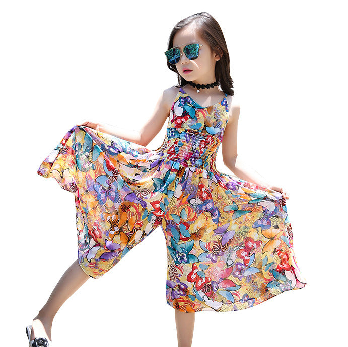 Girls suspender skirt 2024 new summer chiffon stylish children's large and small children's floral wide-leg jumpsuit dress