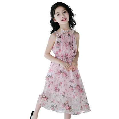 Girls chiffon dress 2024 new summer dress stylish medium-long beach children's medium and large children's off-shoulder suspender dress