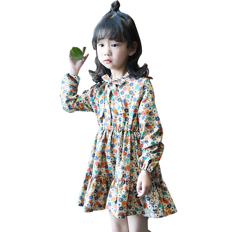 Girls Spring Long Sleeve Dress 2024 New Style Cotton Dress Long Dress Wood Ear Edge Floral Brushed Dress