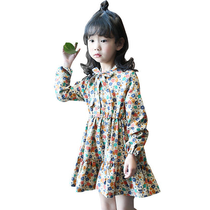 Girls Spring Long Sleeve Dress 2024 New Style Cotton Dress Long Dress Wood Ear Edge Floral Brushed Dress