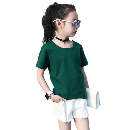 Girls short-sleeved T-shirt 2024 new summer clothes for children, middle and large children, fashionable T-shirt pullover knitted cotton sweater tops