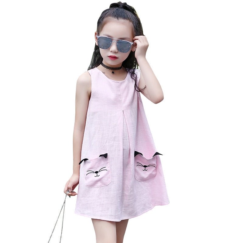 2024 New Summer Girls Sweet Cute Loose Sleeveless Nightdress for Middle and Large Children Korean Round Neck Cotton and Linen Dress