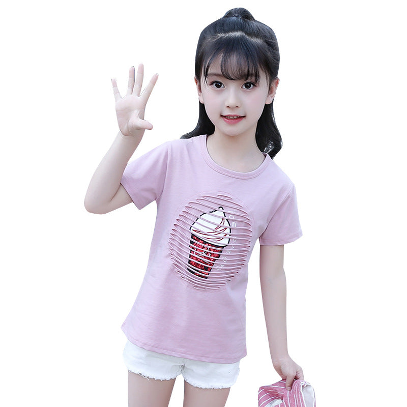 Girls T-shirts 2024 new summer clothes children's short-sleeved T-shirts for middle and large children's hollow tops for girls' foreign style shirts