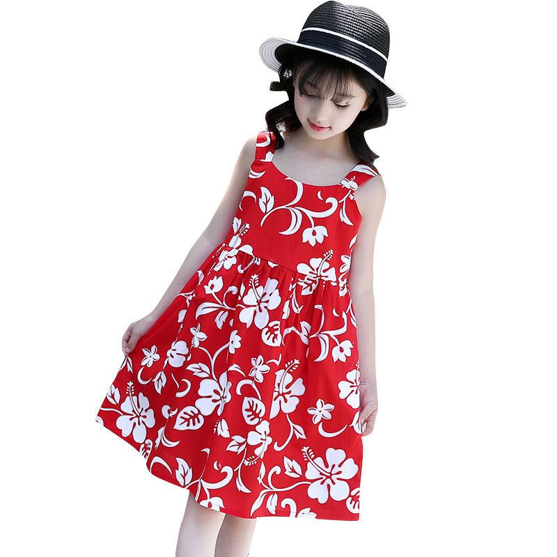 Girls vest skirt cotton floral red skirt Korean style flower casual dress vest skirt performance skirt trend