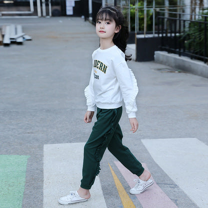 Girls long-sleeved suit 2024 spring middle and large children's fashion wood ear edge printed letters two-piece middle and large children's pullover