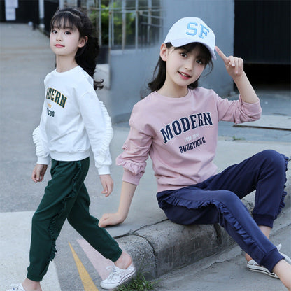 Girls long-sleeved suit 2024 spring middle and large children's fashion wood ear edge printed letters two-piece middle and large children's pullover