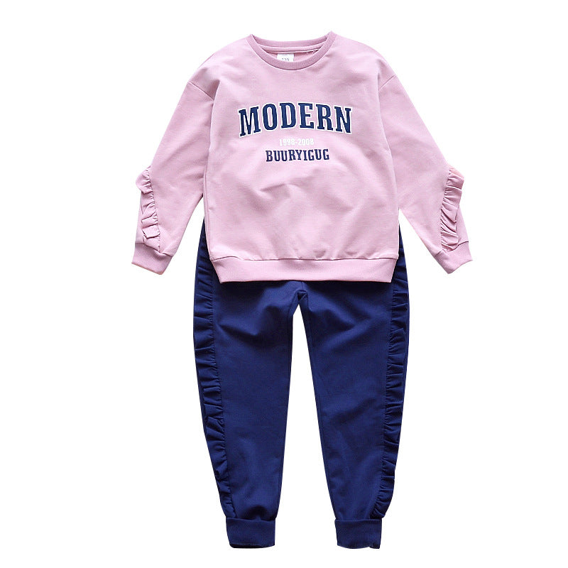 Girls long-sleeved suit 2024 spring middle and large children's fashion wood ear edge printed letters two-piece middle and large children's pullover