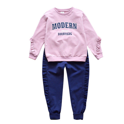 Girls long-sleeved suit 2024 spring middle and large children's fashion wood ear edge printed letters two-piece middle and large children's pullover