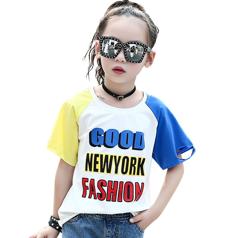 Girls short-sleeved T-shirt 2024 new summer clothes for children, middle and large children, fashionable T-shirt pullover knitted cotton sweater tops