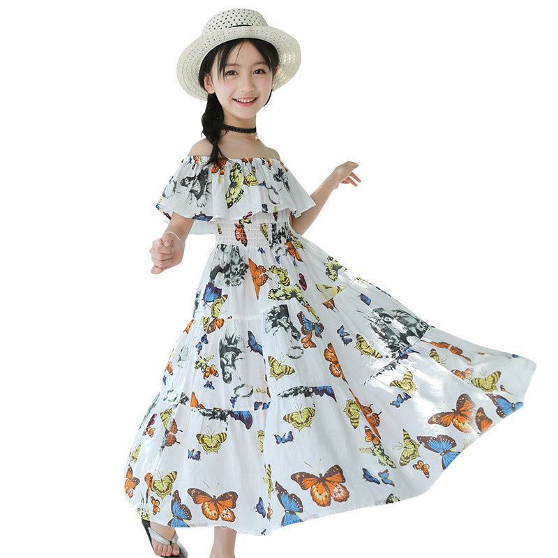 2024 new style for middle and large children girls Korean style waist floral butterfly holiday cotton dress Bohemian long skirt