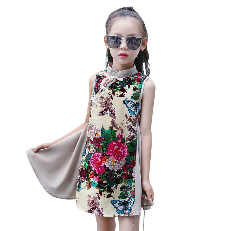 2024 new summer girls cotton and linen cheongsam loose floral retro ethnic style sleeveless dress cheongsam spring