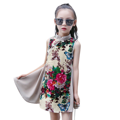 2024 new summer girls cotton and linen cheongsam loose floral retro ethnic style sleeveless dress cheongsam spring