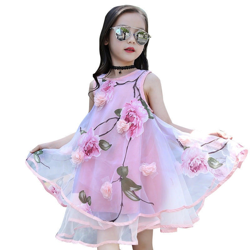 Girls chiffon dress 2024 new summer floral stylish children's beach dress vest long dress trendy