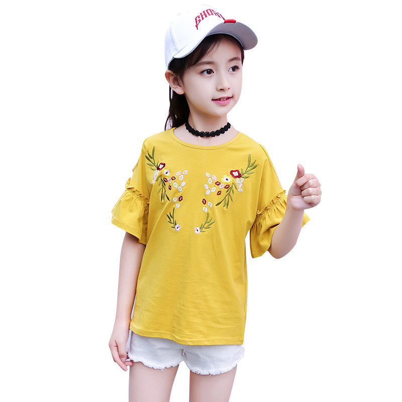 Girls short-sleeved T-shirt 2024 new summer cotton off-shoulder tops for children, middle and large children, fashionable half-sleeved T-shirt sweatshirt