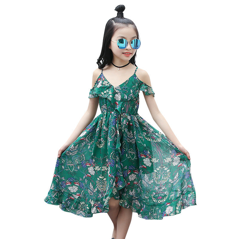 Girls chiffon dress 2024 new summer dress stylish medium-long beach children's medium and large children's off-shoulder suspender dress