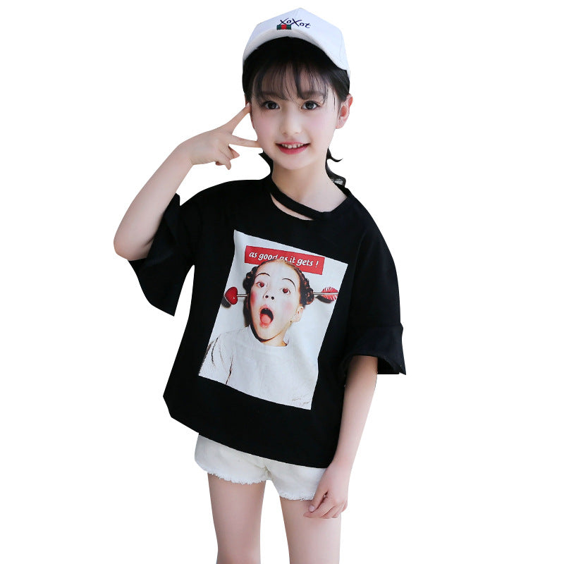 Girls short-sleeved T-shirt 2024 new summer clothes for children, middle and large children, fashionable T-shirt pullover knitted cotton sweater tops