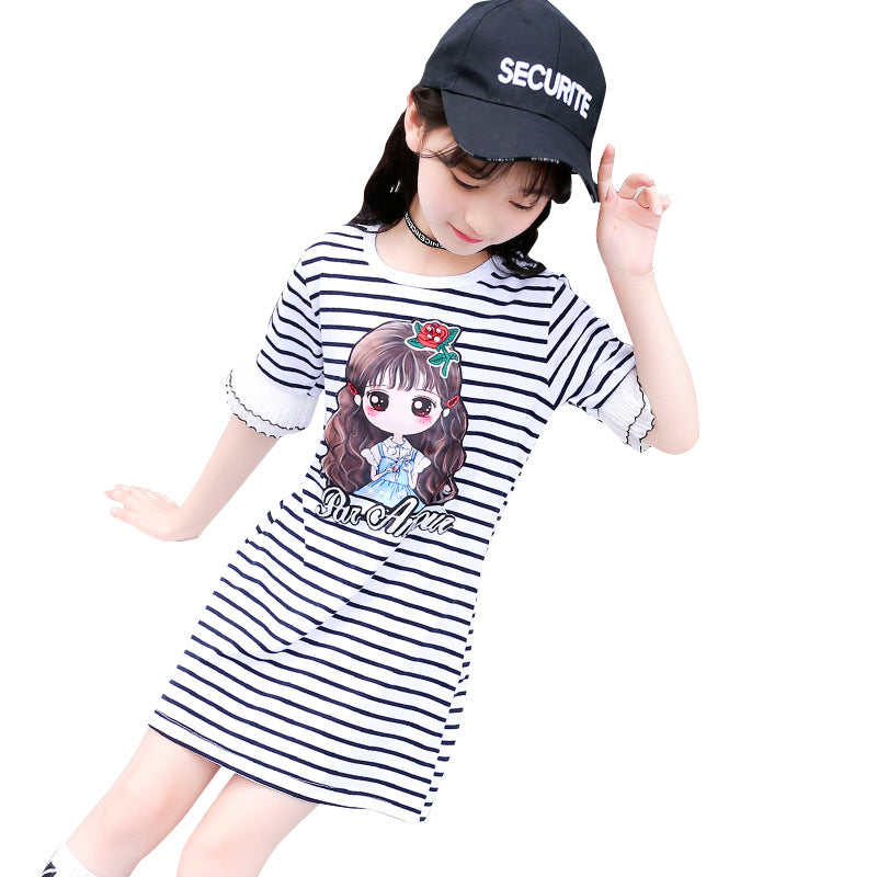 Girls T-shirt 2024 new summer children's short-sleeved T-shirt medium and large children's striped bottoming shirt girl cartoon pullover