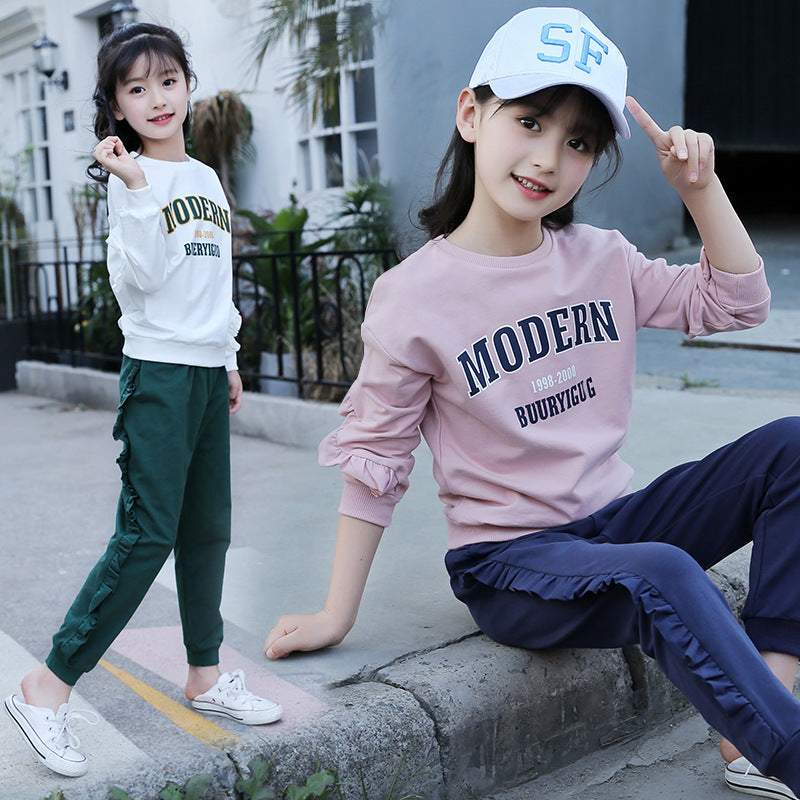 Girls long-sleeved suit 2024 spring middle and large children's fashion wood ear edge printed letters two-piece middle and large children's pullover