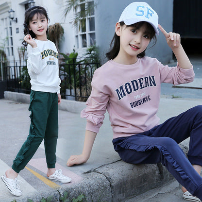 Girls long-sleeved suit 2024 spring middle and large children's fashion wood ear edge printed letters two-piece middle and large children's pullover