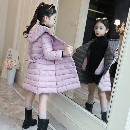 Girls cotton coat 2024 new winter clothes for children, middle and large children, fashionable princess down cotton coat, medium and long cotton coat