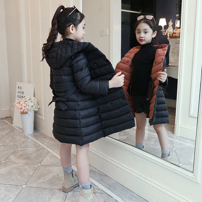 Girls cotton coat 2024 new winter clothes for children, middle and large children, fashionable princess down cotton coat, medium and long cotton coat