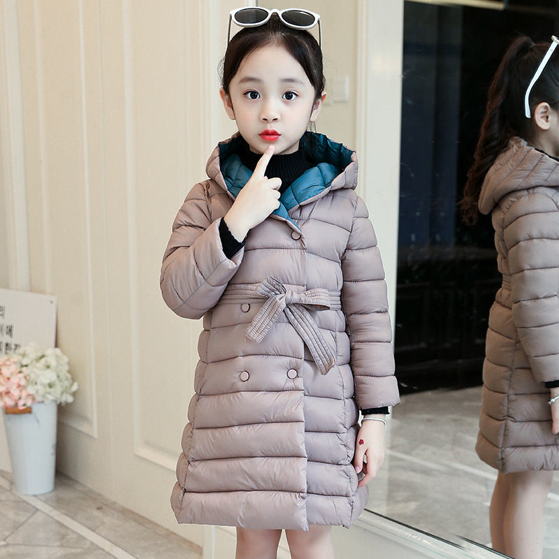 Girls cotton coat 2024 new winter clothes for children, middle and large children, fashionable princess down cotton coat, medium and long cotton coat