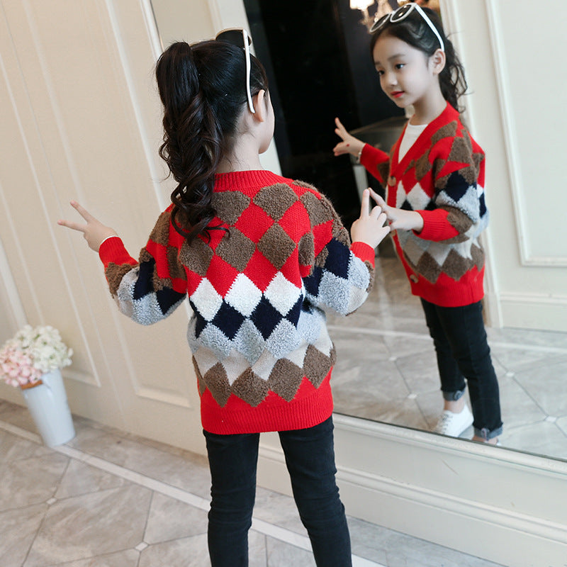 Girls cardigan sweater 2024 new style medium and large children's casual knitted sweater fashionable girl thickened coat trend