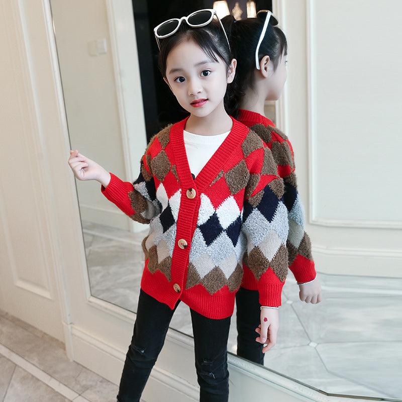 Girls cardigan sweater 2024 new style medium and large children's casual knitted sweater fashionable girl thickened coat trend