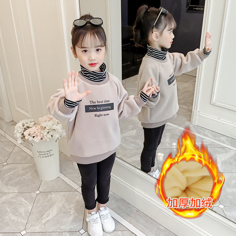 Girls sweatshirt 2024 new winter wear plus velvet thickened bottoming shirt casual girl sports fake two-piece top coat